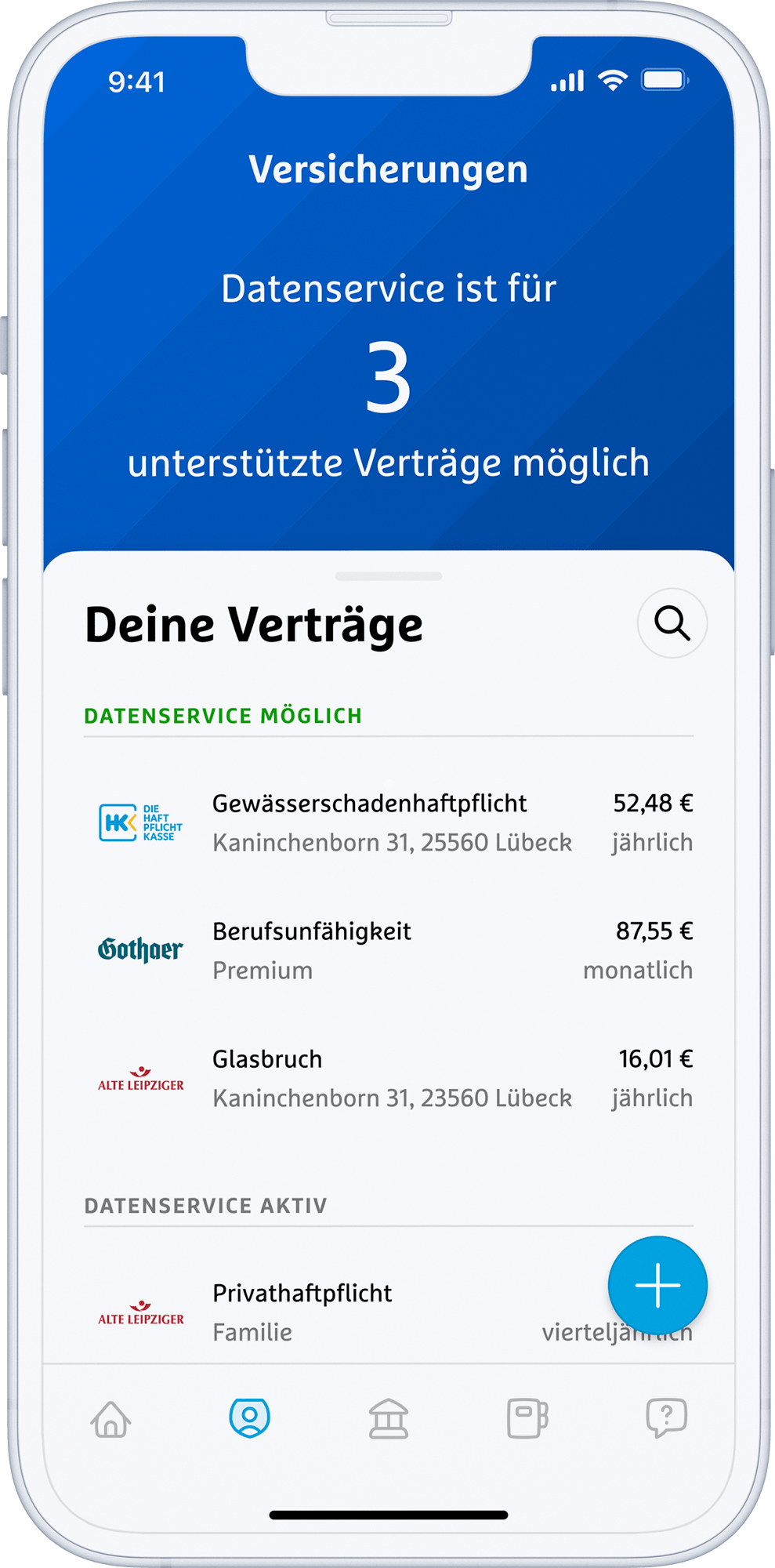 Handyscreen zeigt Versicherungsübersicht, simplr App