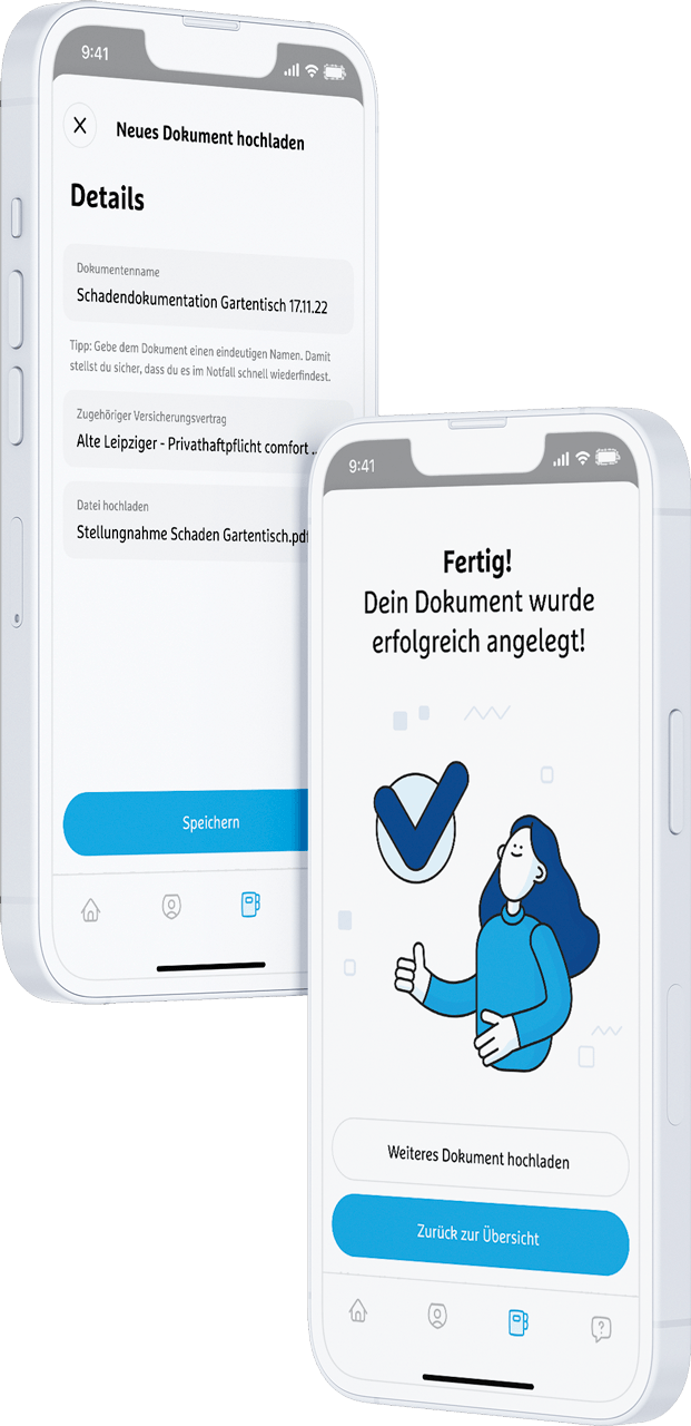 zwei Handys, Screens zeigen Dokumentenmanagement der App
